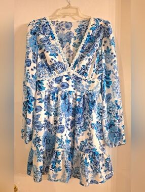 White and Blue Floral Lace-Trim Long Sleeve Mini Dress